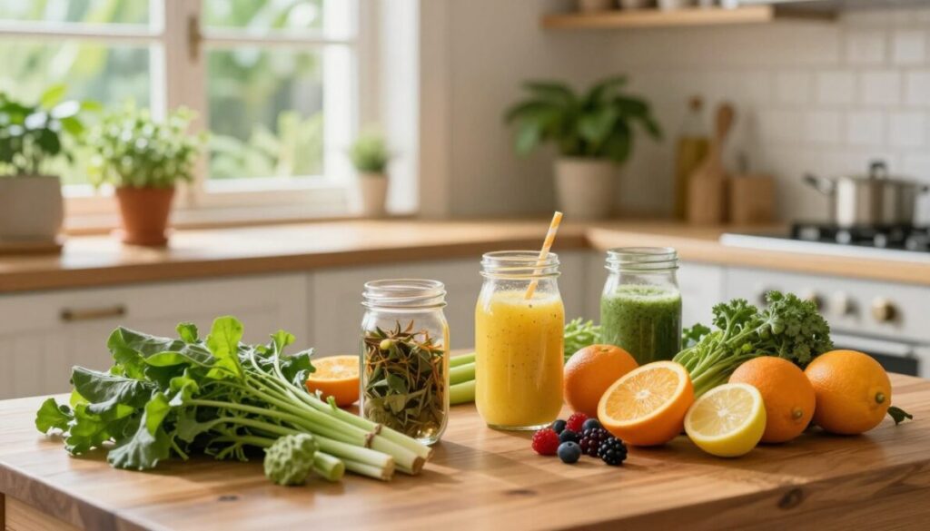 A serene composition showcasing a vibrant, natural detox scene. In the foreground, fresh green leafy vegetables, vibrant fruits like oranges, lemons, and berries, arranged neatly on a wooden table, with glass jars filled with herbal infusions and detox smoothies. In the middle ground, a small, stylish kitchen setting, featuring a sunlit window with fresh herbs in pots and calming green plants. In the background, a soft-focus view of a lush garden, symbolizing vitality and wellness. The lighting is soft and warm, creating an inviting atmosphere, emphasizing a clean, healthy lifestyle. The angle is slightly above eye level, giving a comprehensive view of the detox arrangement.