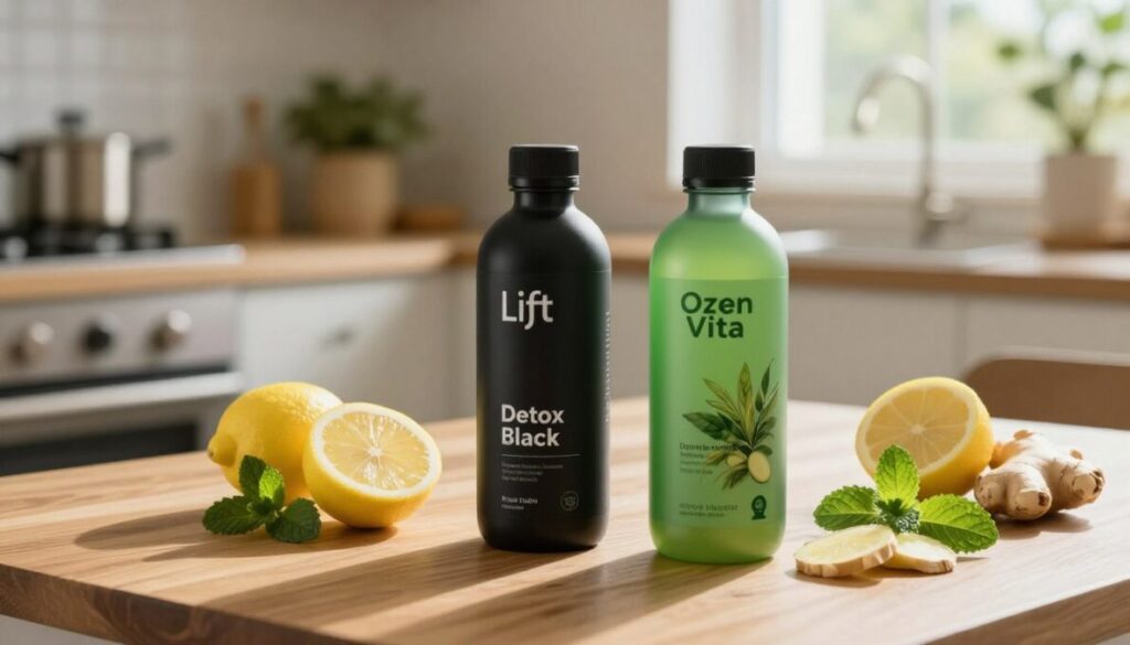 A serene, visually appealing comparison of two detox products prominently displayed on a wooden table. In the foreground, showcase two sleek, labeled detox bottles: "Lift Detox Black" is matte black with a modern design, while "Ozen Vitta" is a vibrant green with natural imagery. Surrounding the bottles are fresh ingredients like lemons, ginger, and mint leaves, enhancing the theme of natural detoxification. The middle ground features a blurred background of a softly lit kitchen or wellness space, suggesting calmness and health. Natural light pours in through a window, casting gentle shadows and creating a warm atmosphere. The overall mood is inviting and informative, perfect for illustrating personal detox experiences.