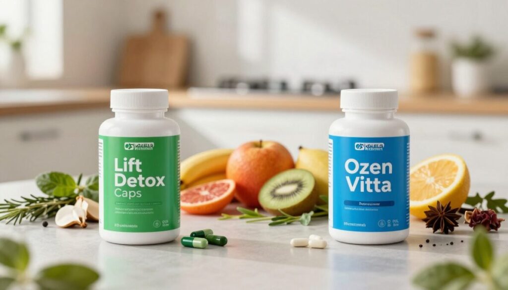 A visually striking composition contrasting two supplements, Lift Detox Caps and Ozen Vitta, arranged on a clean, modern surface. In the foreground, two sleek, labeled containers of the supplements, one green-themed for Lift Detox Caps and one blue-themed for Ozen Vitta, positioned facing each other. The middle ground features a vibrant assortment of natural ingredients associated with each product, such as herbs and fruits, artistically arranged to emphasize their health benefits. The background showcases a soft-focus kitchen setting with warm, natural lighting, creating an inviting atmosphere. The overall mood is informative and engaging, inviting viewers to explore the differences between these two health supplements.