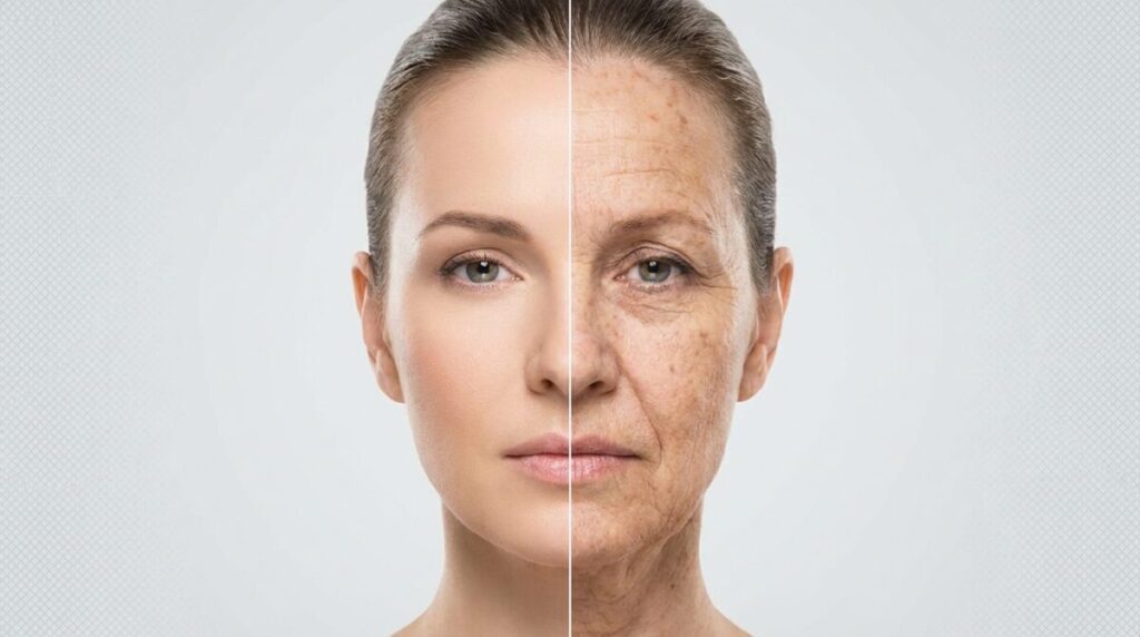 Comparação entre pele jovem e envelhecida-colágeno